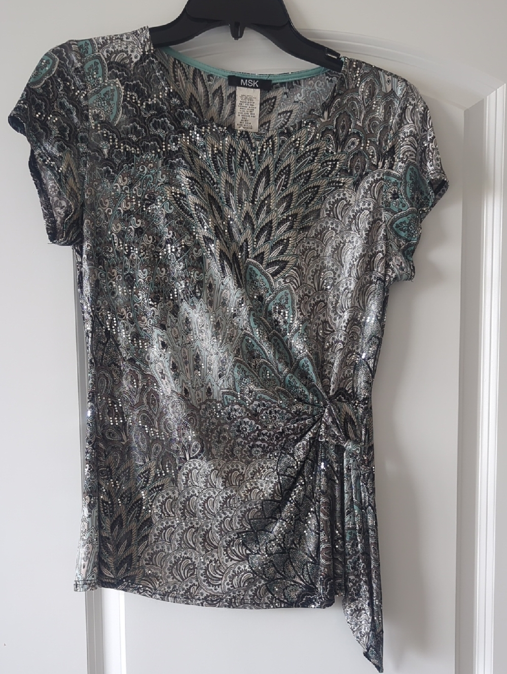 MSK Metallic Black, Teal & Silver Short Sleeve Twist-Front Blouse